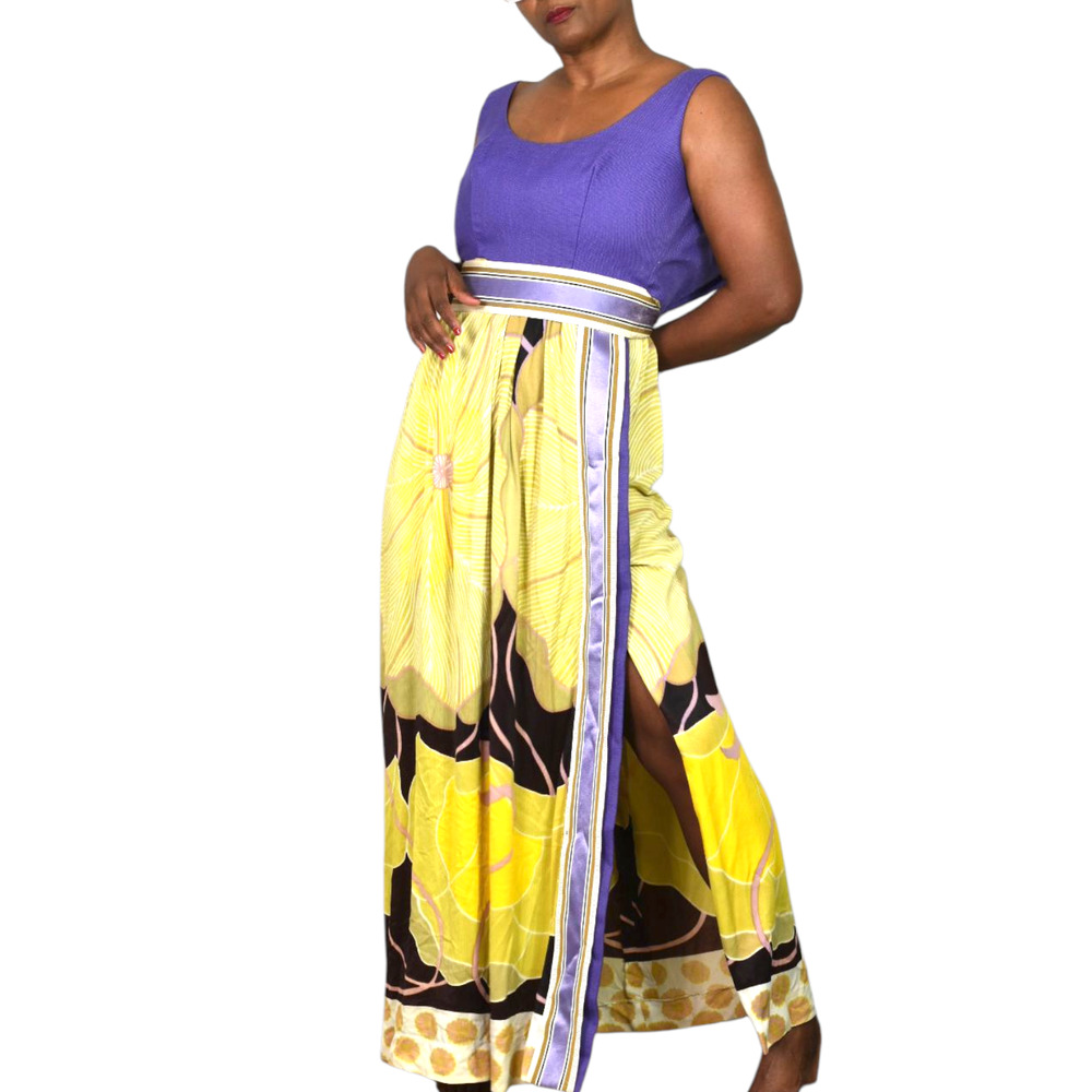 Vintage Maxi Dress Purple Yellow Column Straight Linen Print Retro 70s Size XS